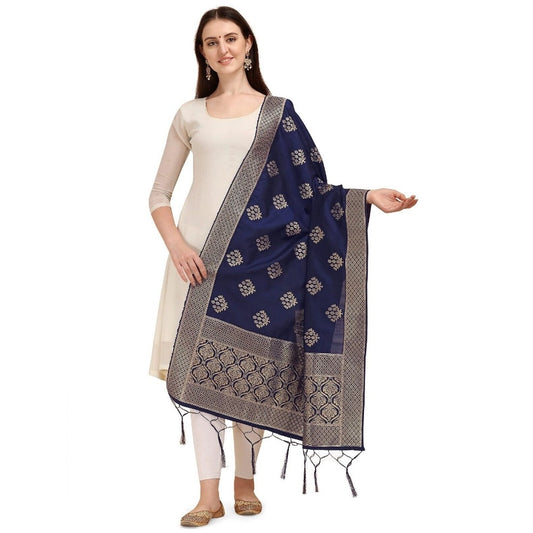 Clasymist Women's Silk Pure Zari weaving Duppatta (Navy Blue, Length: 2-2.3 Mtrs)