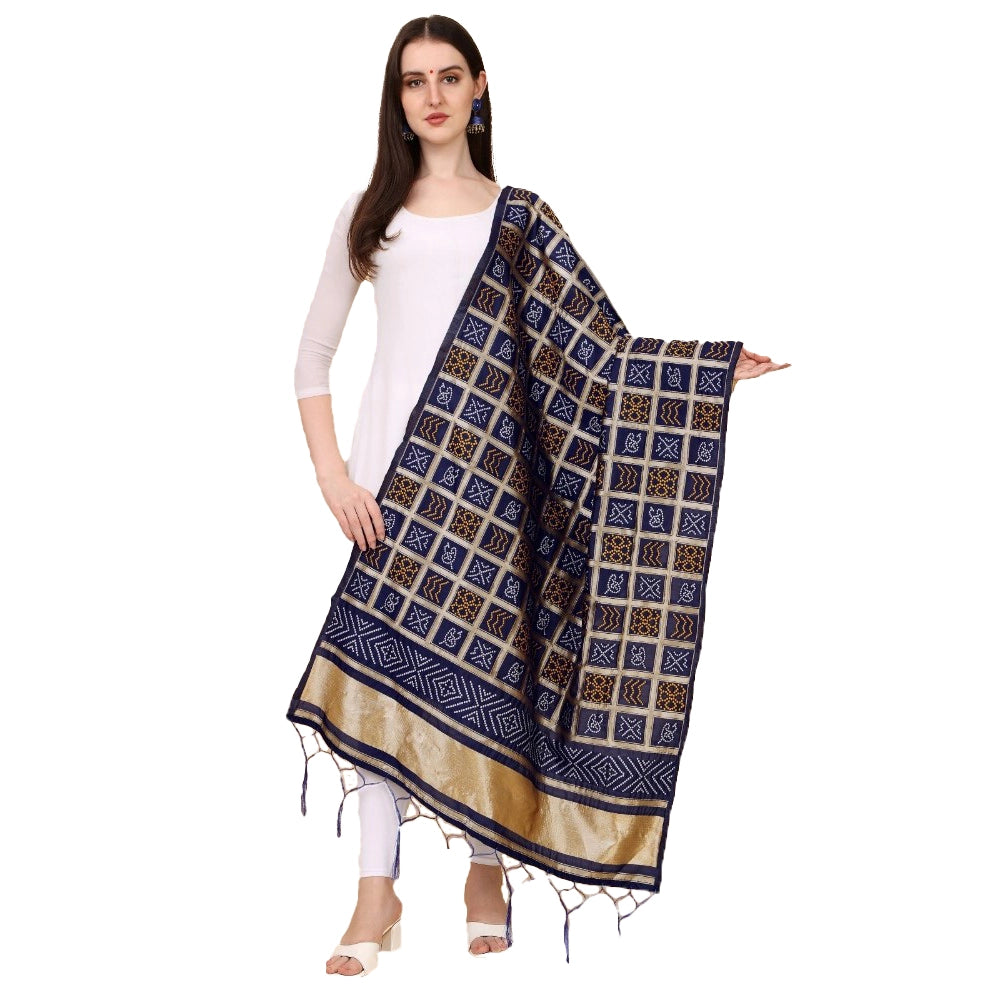 Clasymist Women's Silk Pure weaving Work Duppatta (Navy Blue, Length: 2-2.3 Mtrs)