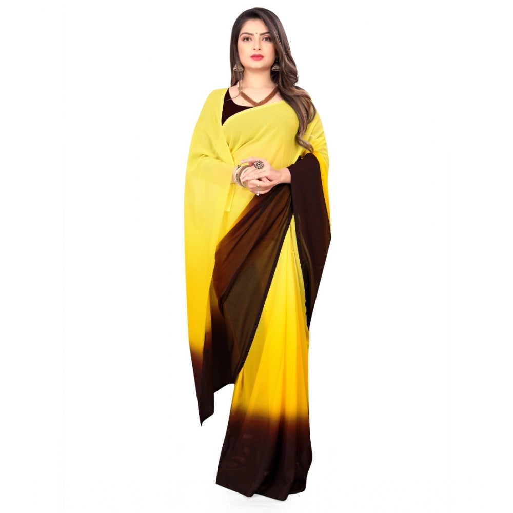 Clasymist Women's Georgette Printed Saree With Unstitched Blouse (Yellow, 5-6 Mtrs)