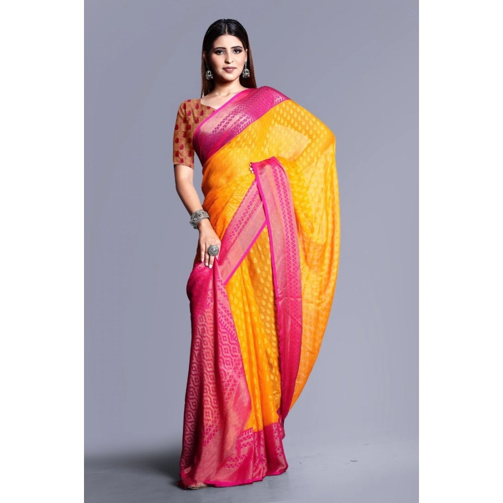 Clasymist Women's Viscose Rayon Printed Saree With Unstitched Blouse (Yellow)