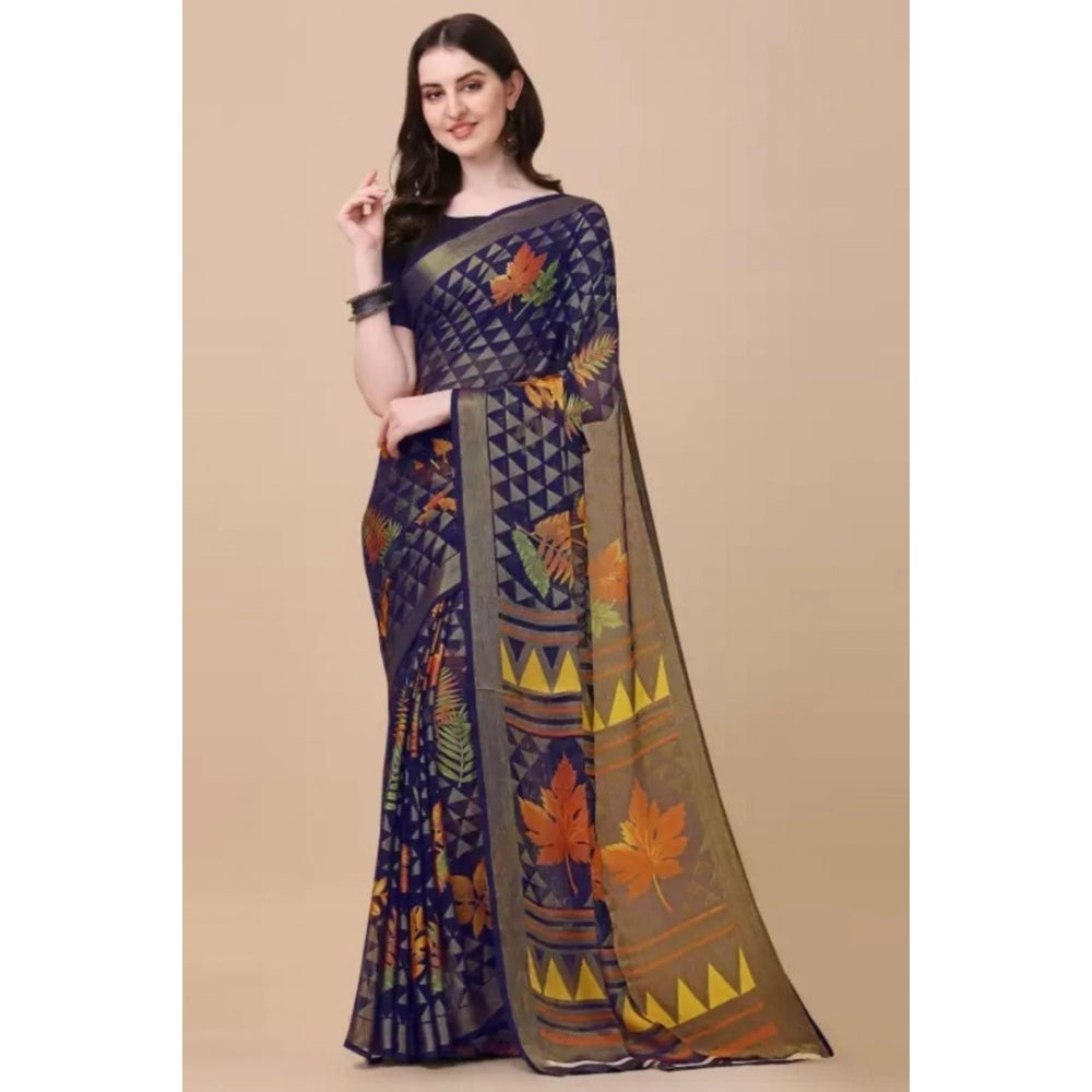 Clasymist Women's Viscose Rayon Printed Saree With Unstitched Blouse (Navy Blue)