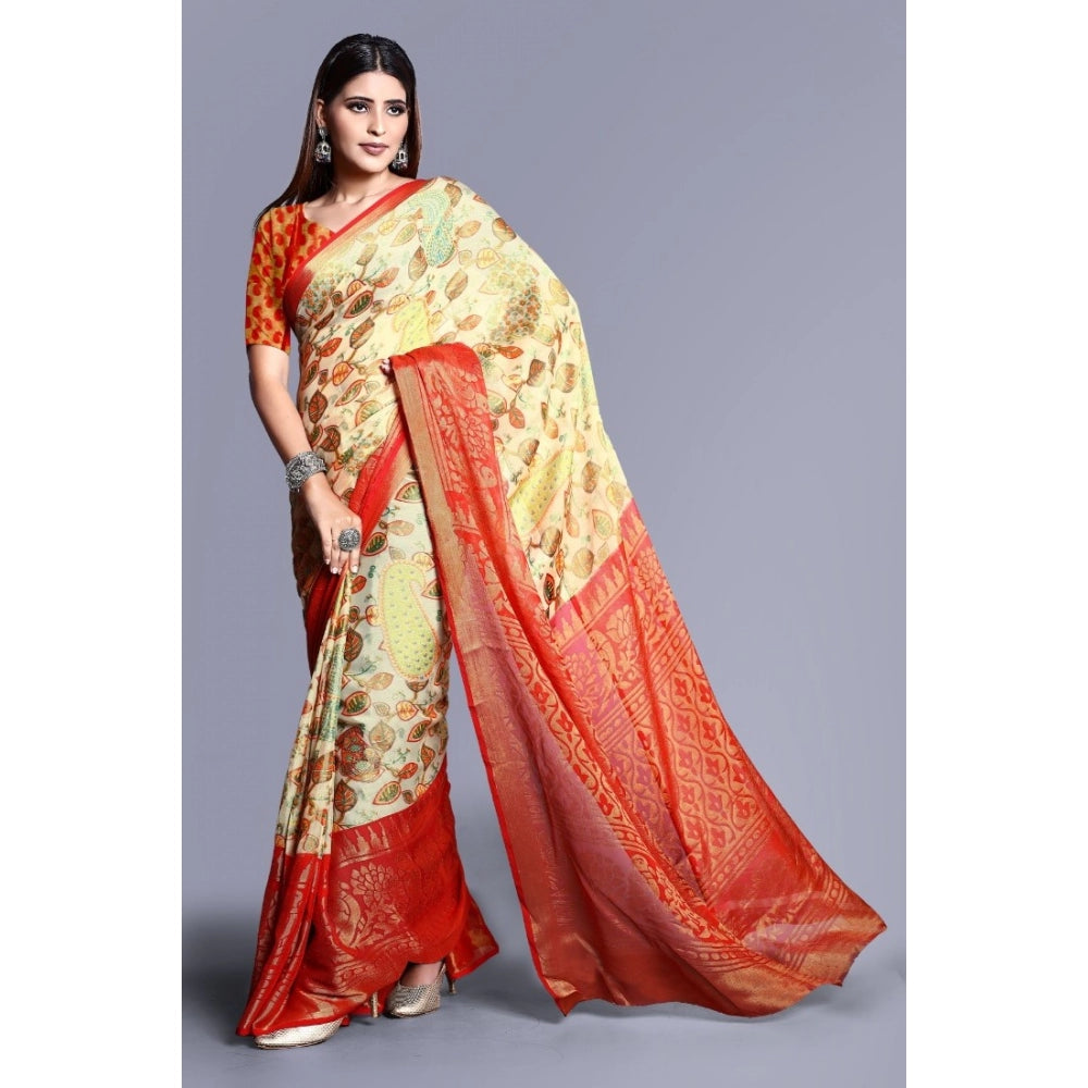 Clasymist Women's Viscose Rayon Printed Saree With Unstitched Blouse (Red)