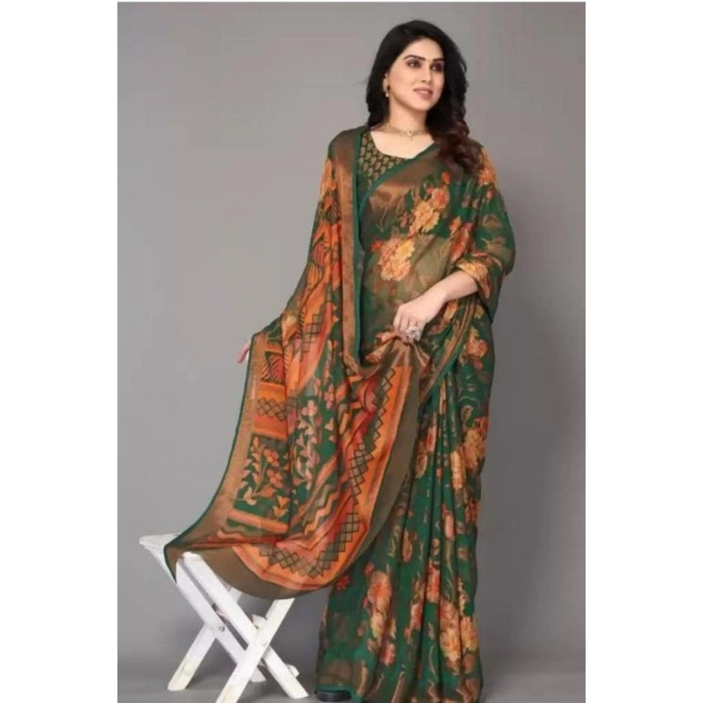 Clasymist Women's Viscose Rayon Printed Saree With Unstitched Blouse (Green)