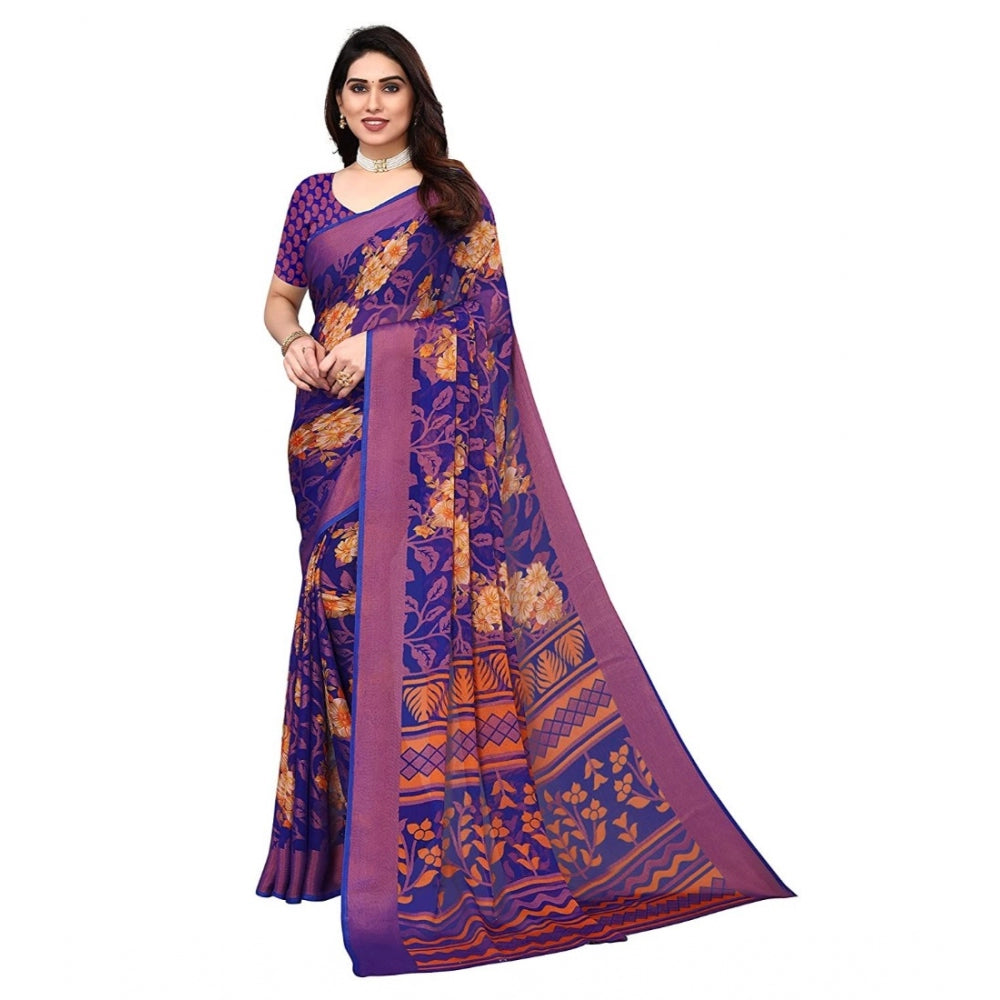 Clasymist Women's Viscose Rayon Printed Saree With Unstitched Blouse (Blue)