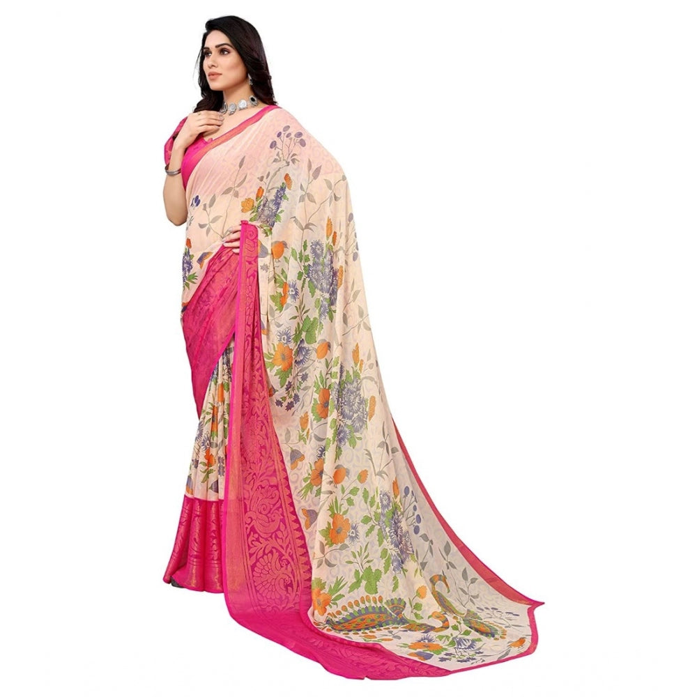 Clasymist Women's Viscose Rayon Printed Saree With Unstitched Blouse (Pink)