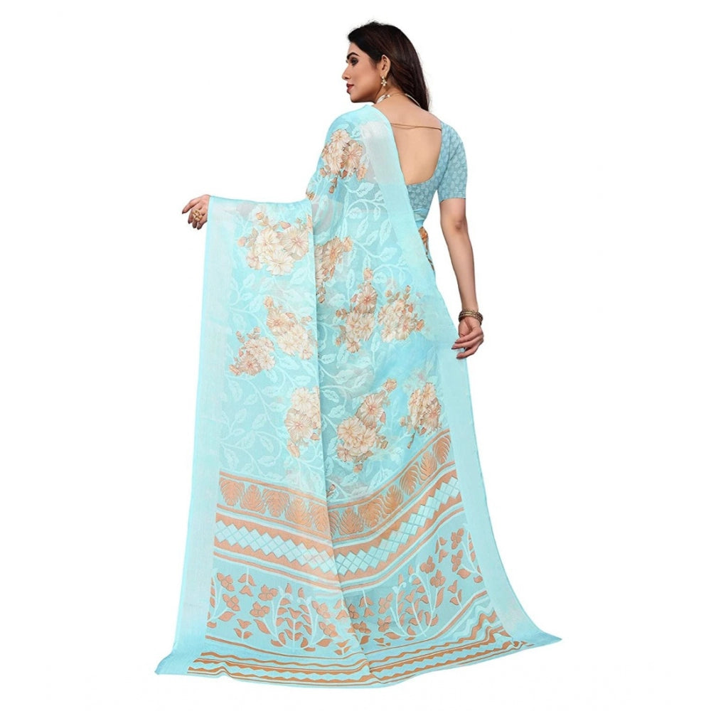 Clasymist Women's Viscose Rayon Printed Saree With Unstitched Blouse (Sky Blue)