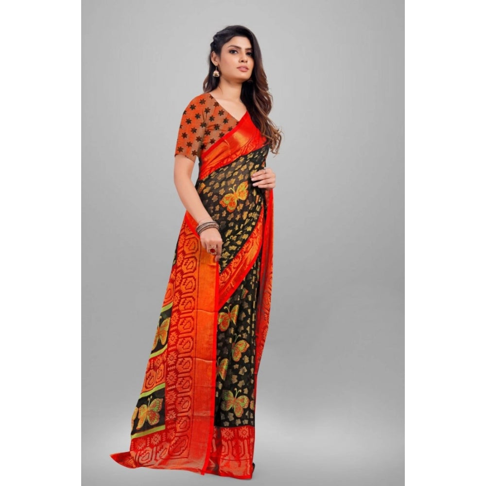 Clasymist Women's Viscose Rayon Printed Saree With Unstitched Blouse (Black)