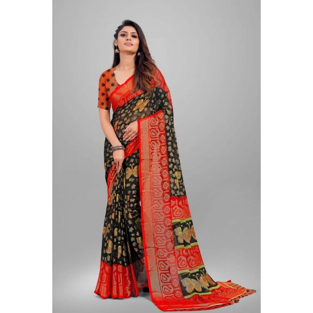 Clasymist Women's Viscose Rayon Printed Saree With Unstitched Blouse (Black)