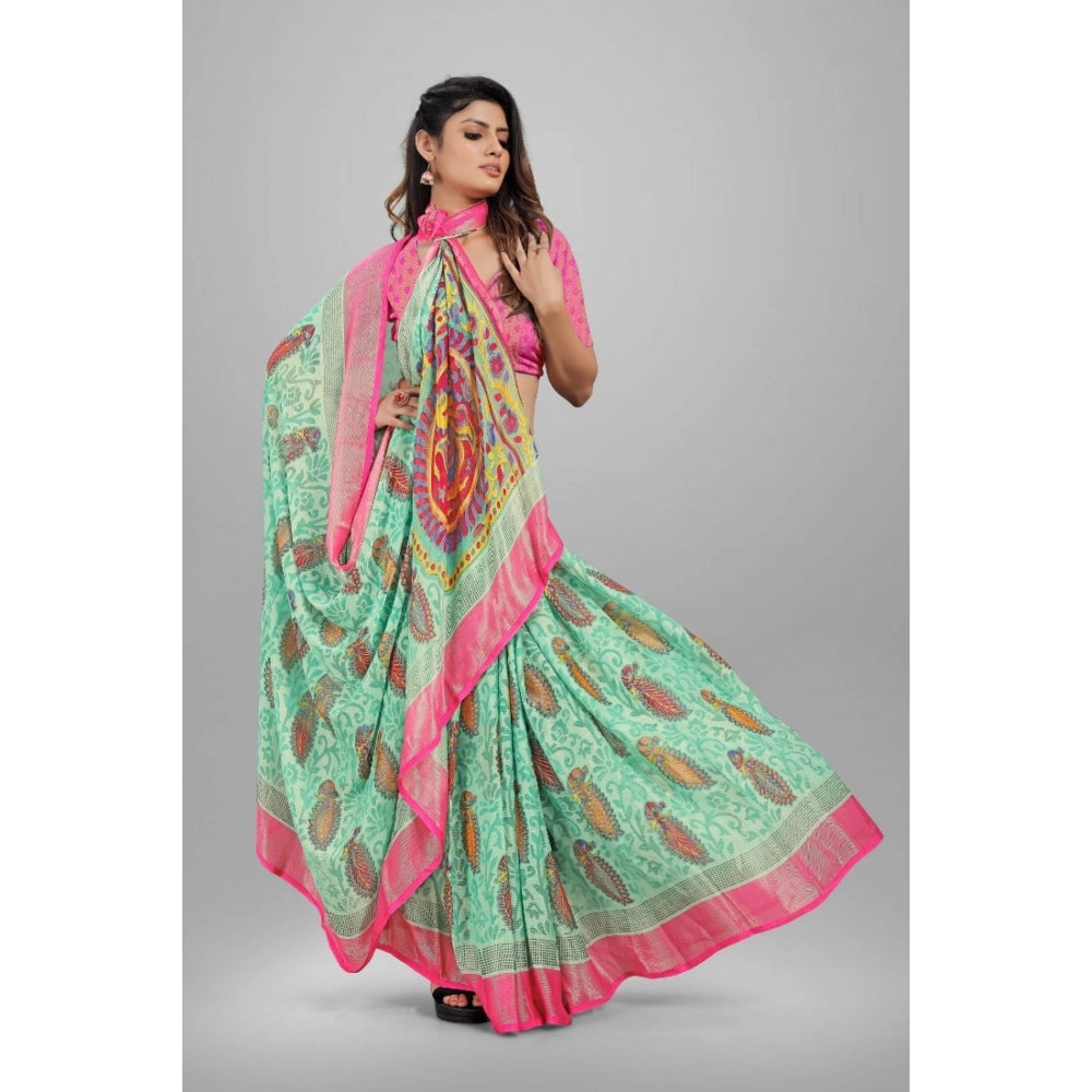 Clasymist Women's Viscose Rayon Printed Saree With Unstitched Blouse (Teal)