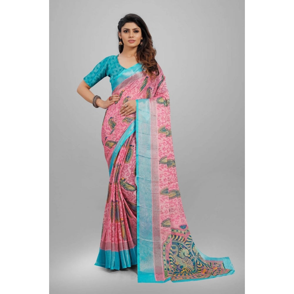 Clasymist Women's Viscose Rayon Printed Saree With Unstitched Blouse (Pink)