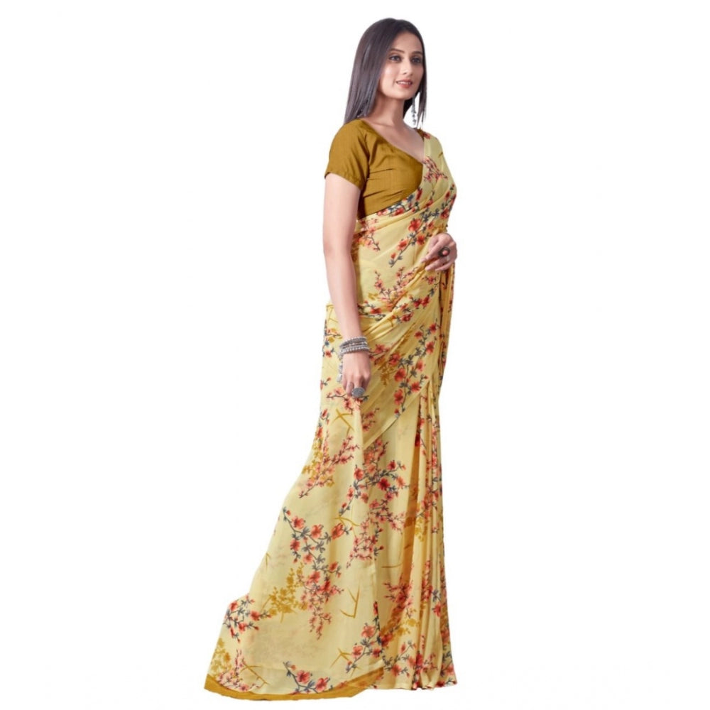 Clasymist Women's Georgette Printed Saree With Unstitched Blouse (Yellow)