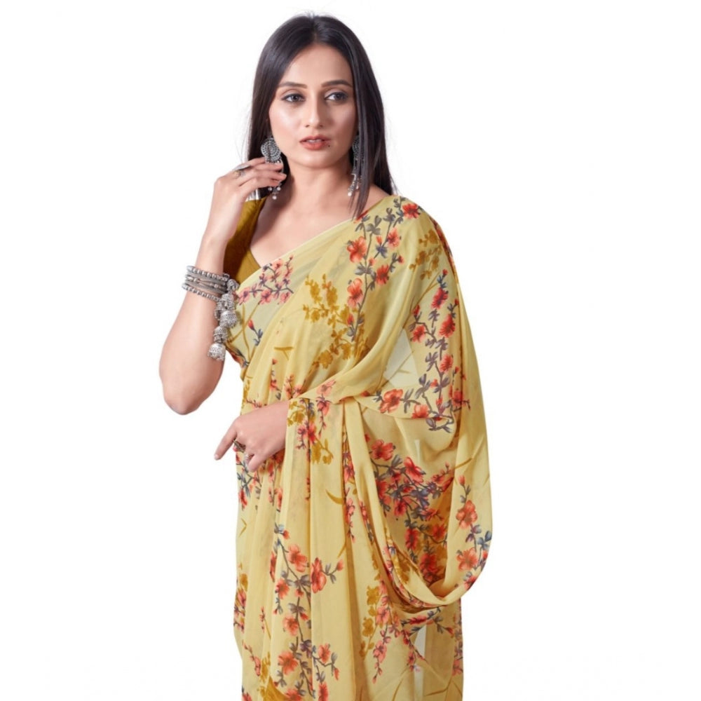 Clasymist Women's Georgette Printed Saree With Unstitched Blouse (Yellow)