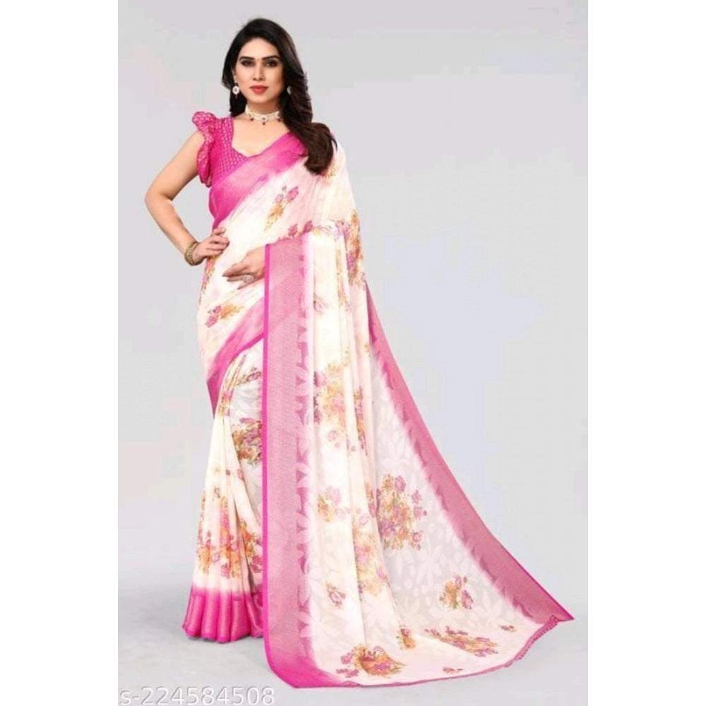 Clasymist Women's Viscose Rayon Printed Saree With Unstitched Blouse (Pink)