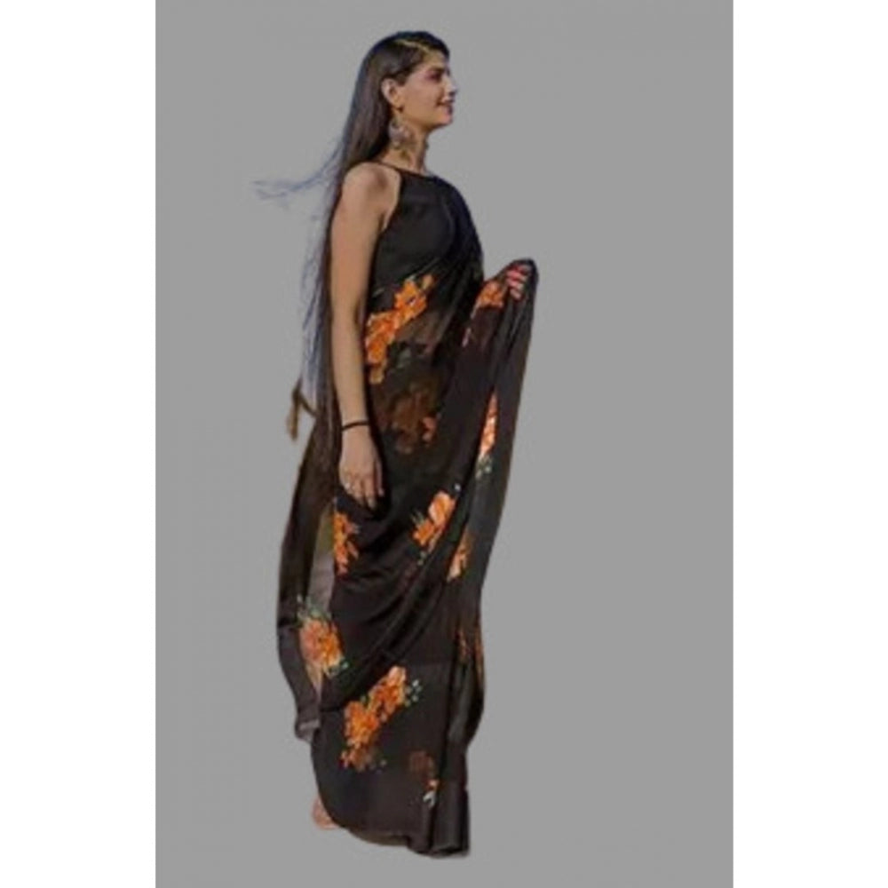 Clasymist Women's Satin Patta Printed Saree With Unstitched Blouse (Orange)