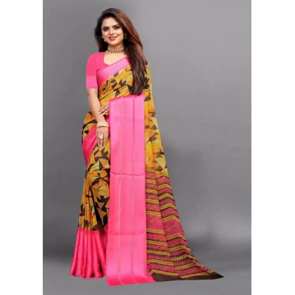 Clasymist Women's Satin Patta Printed Saree With Unstitched Blouse (Pink)