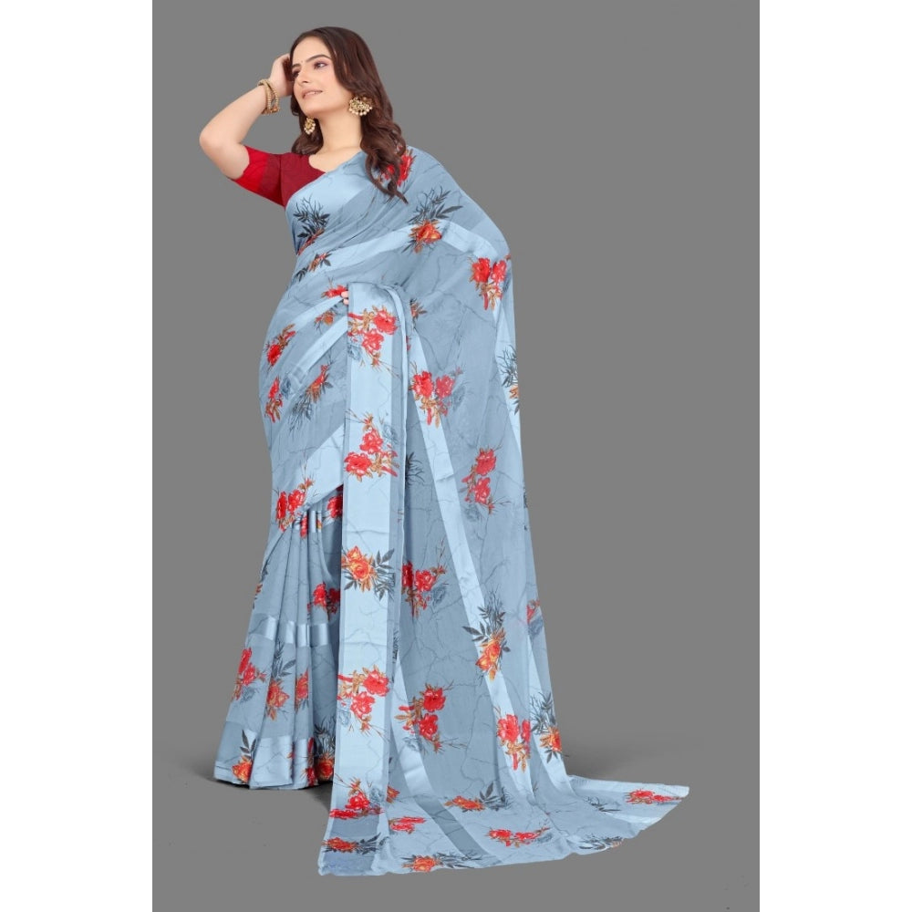 Clasymist Women's Satin Patta Printed Saree With Unstitched Blouse (Grey)