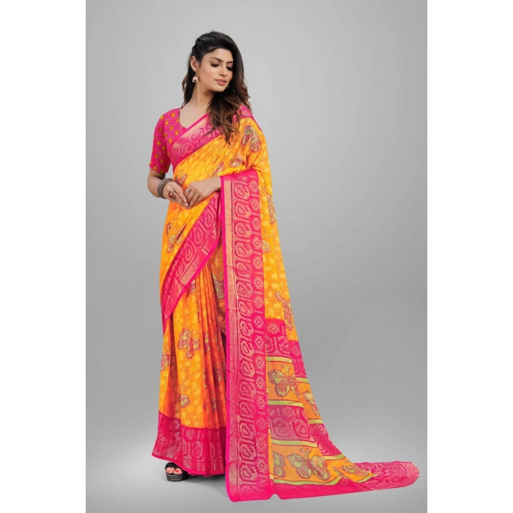 Clasymist Women's Viscose Rayon Printed Saree With Unstitched Blouse (Yellow)