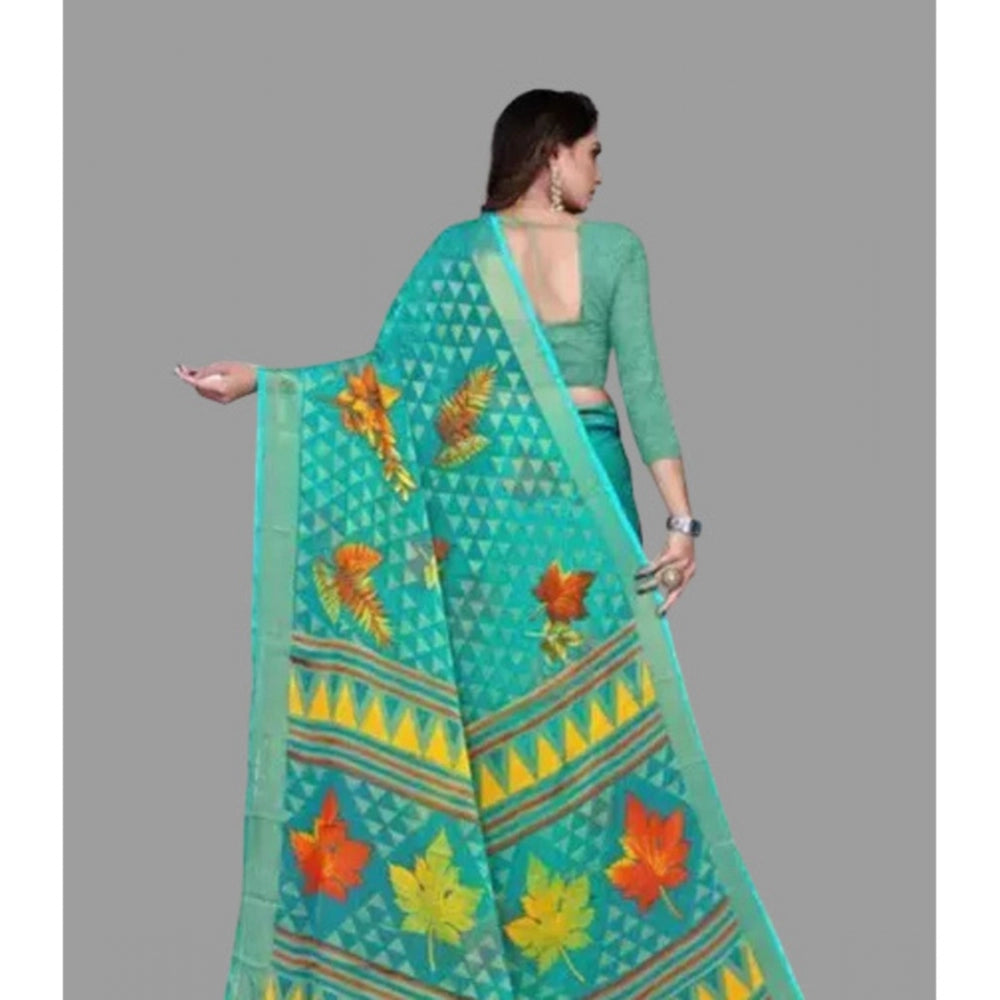 Clasymist Women's Viscose Rayon Printed Saree With Unstitched Blouse (Teal)