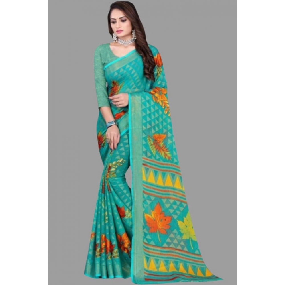 Clasymist Women's Viscose Rayon Printed Saree With Unstitched Blouse (Teal)