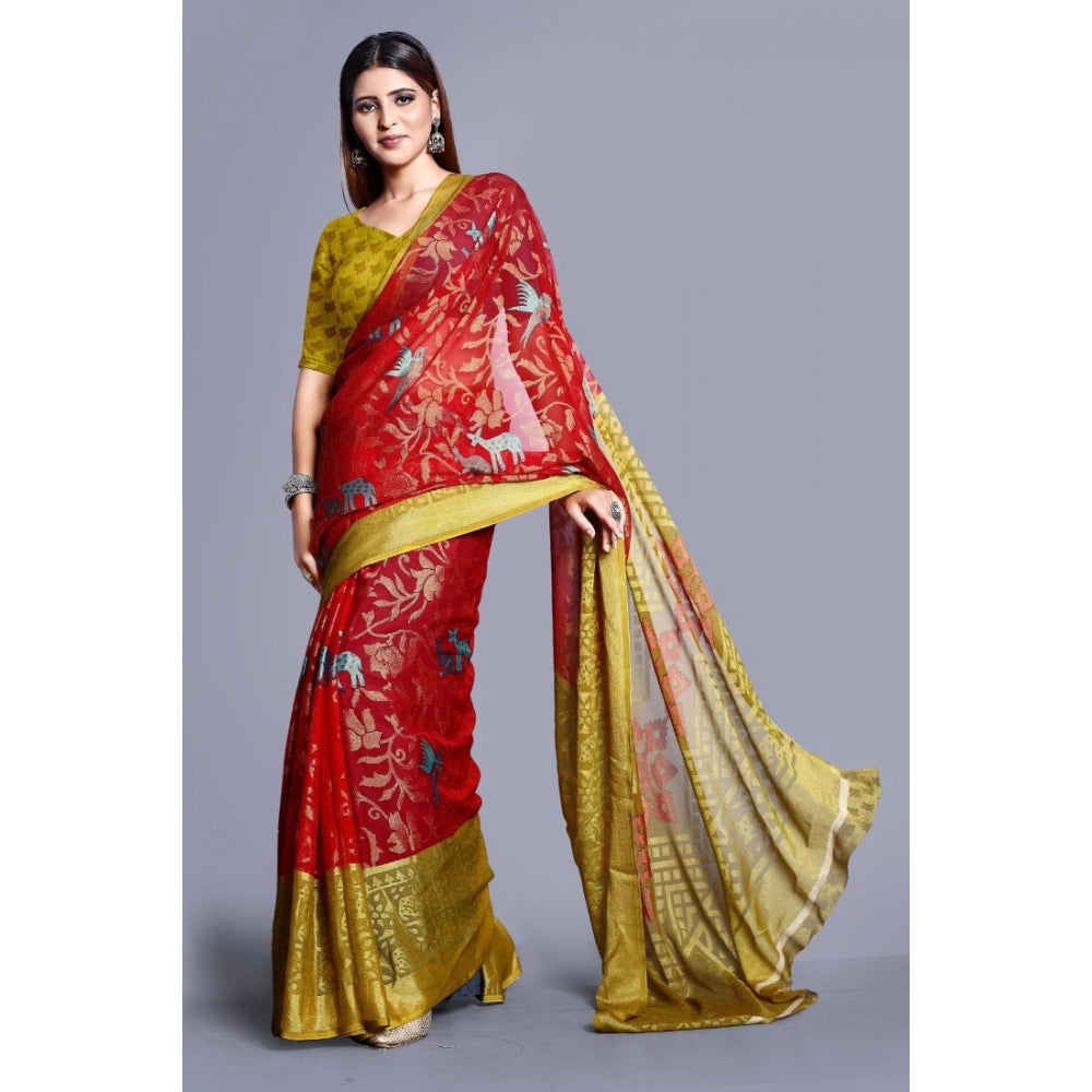 Clasymist Women's Viscose Rayon Printed Saree With Unstitched Blouse (Red)