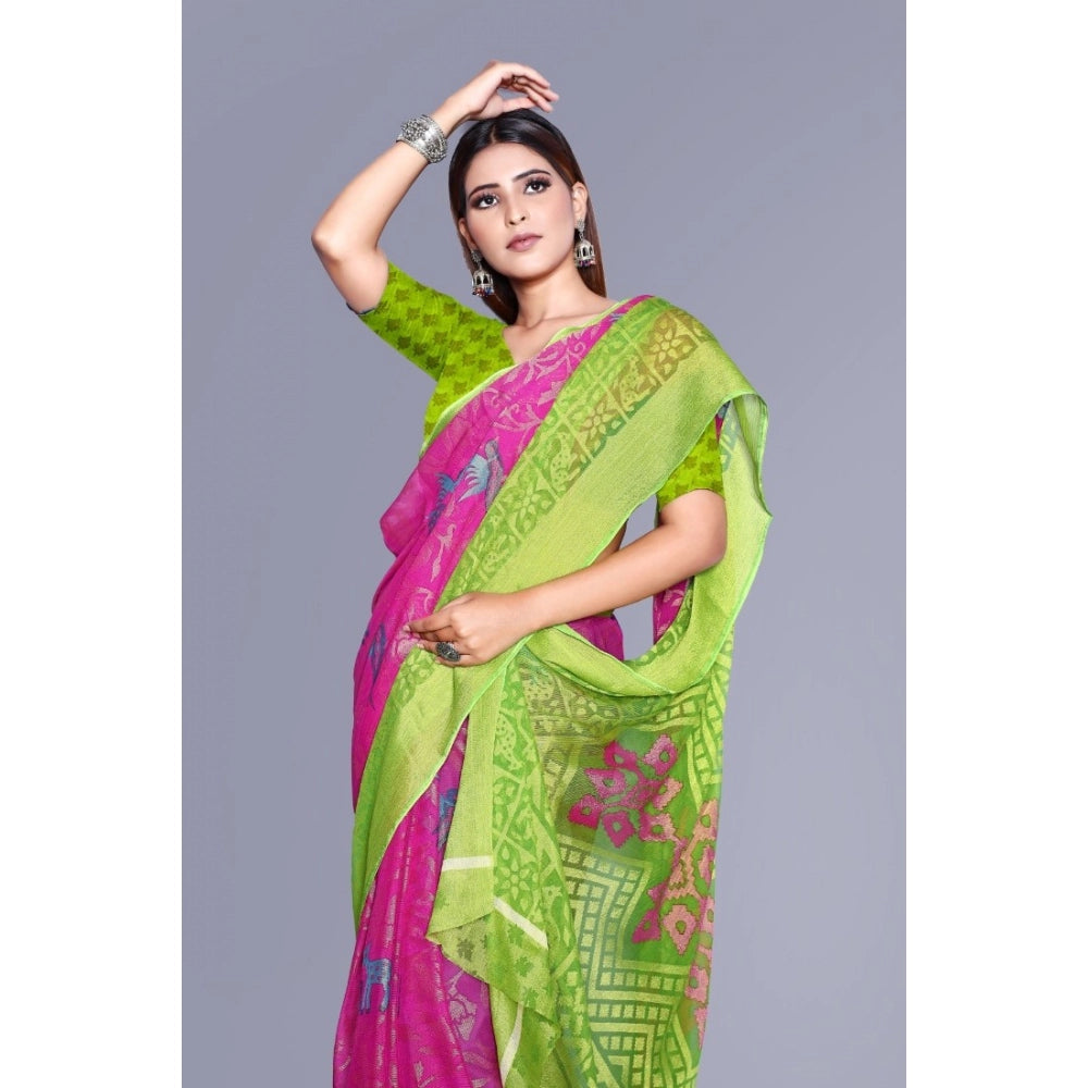 Clasymist Women's Viscose Rayon Printed Saree With Unstitched Blouse (Pink)