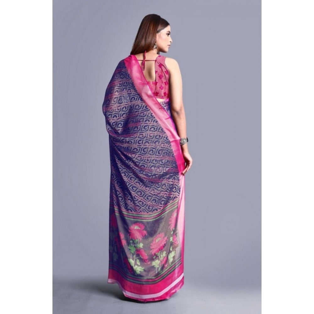 Clasymist Women's Viscose Rayon Printed Saree With Unstitched Blouse (Navy Blue)