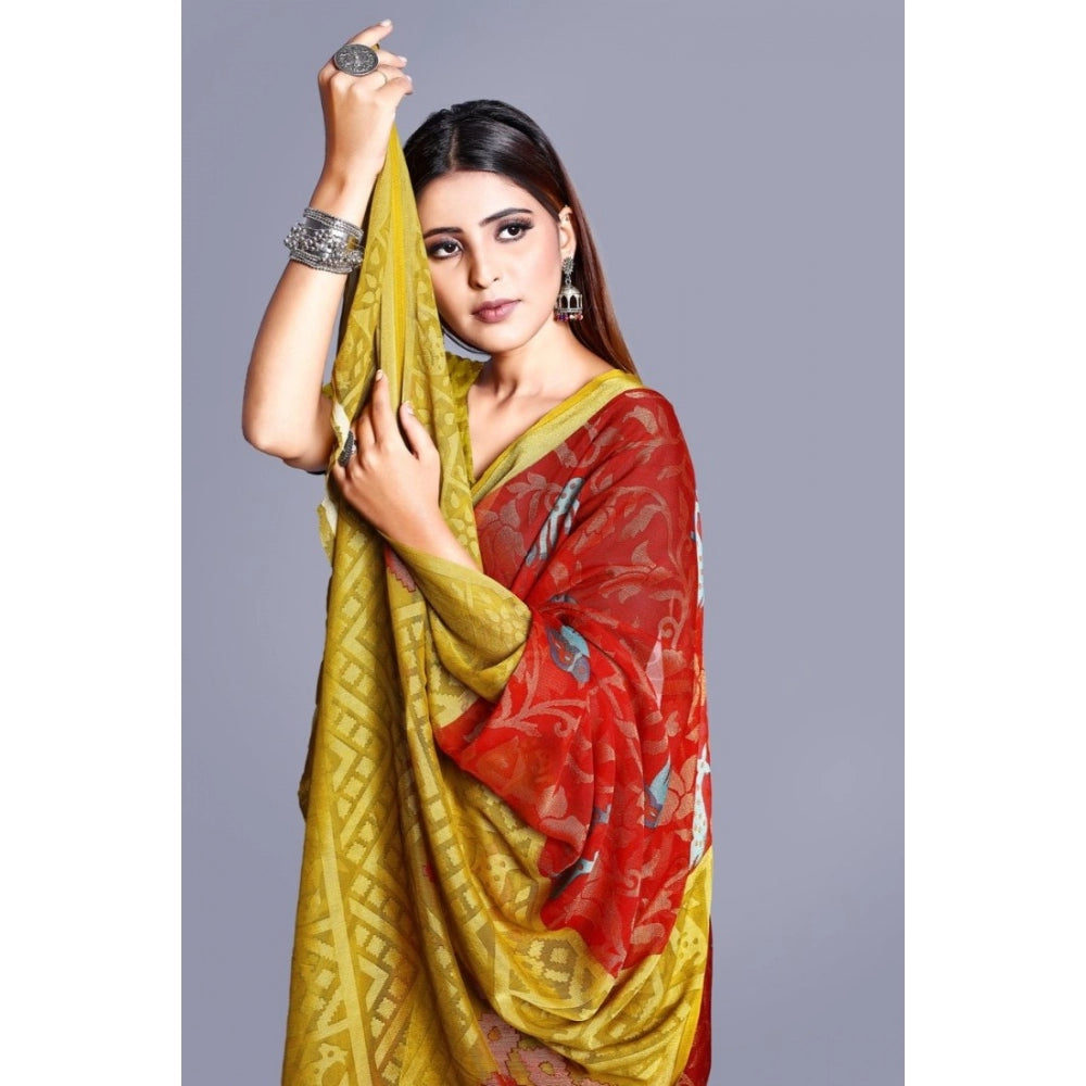 Clasymist Women's Viscose Rayon Printed Saree With Unstitched Blouse (Red)