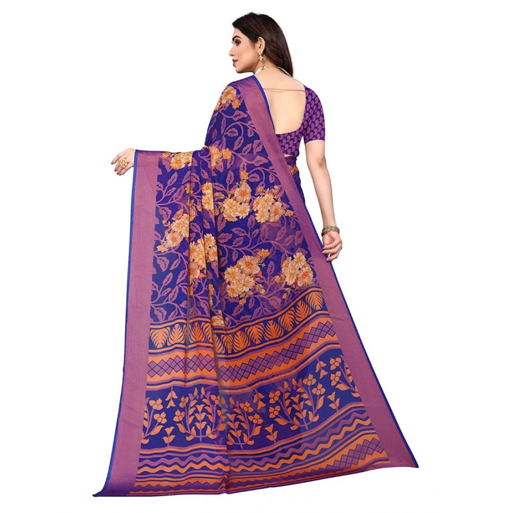 Clasymist Women's Viscose Rayon Printed Saree With Unstitched Blouse (Blue)