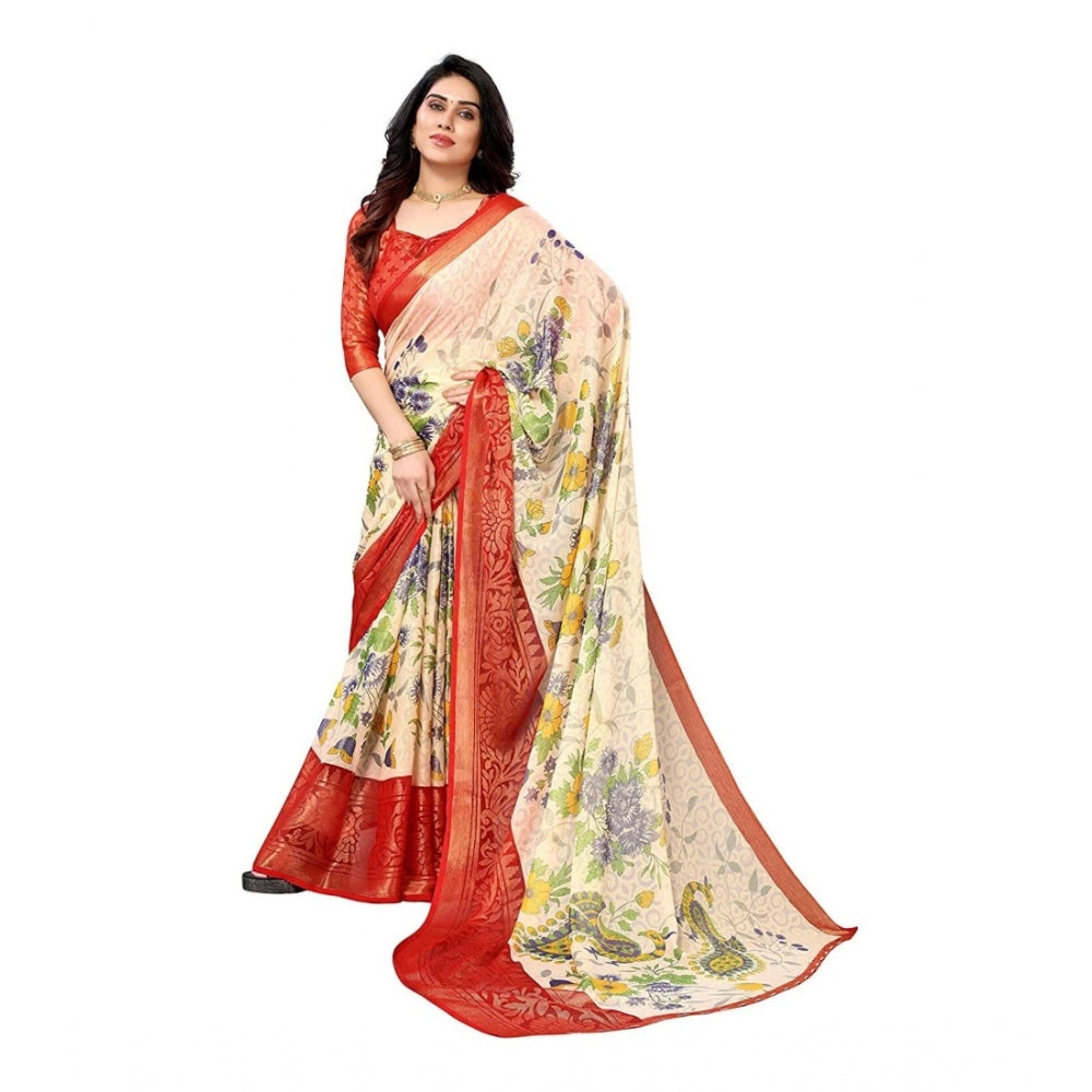 Clasymist Women's Viscose Rayon Printed Saree With Unstitched Blouse (Red)