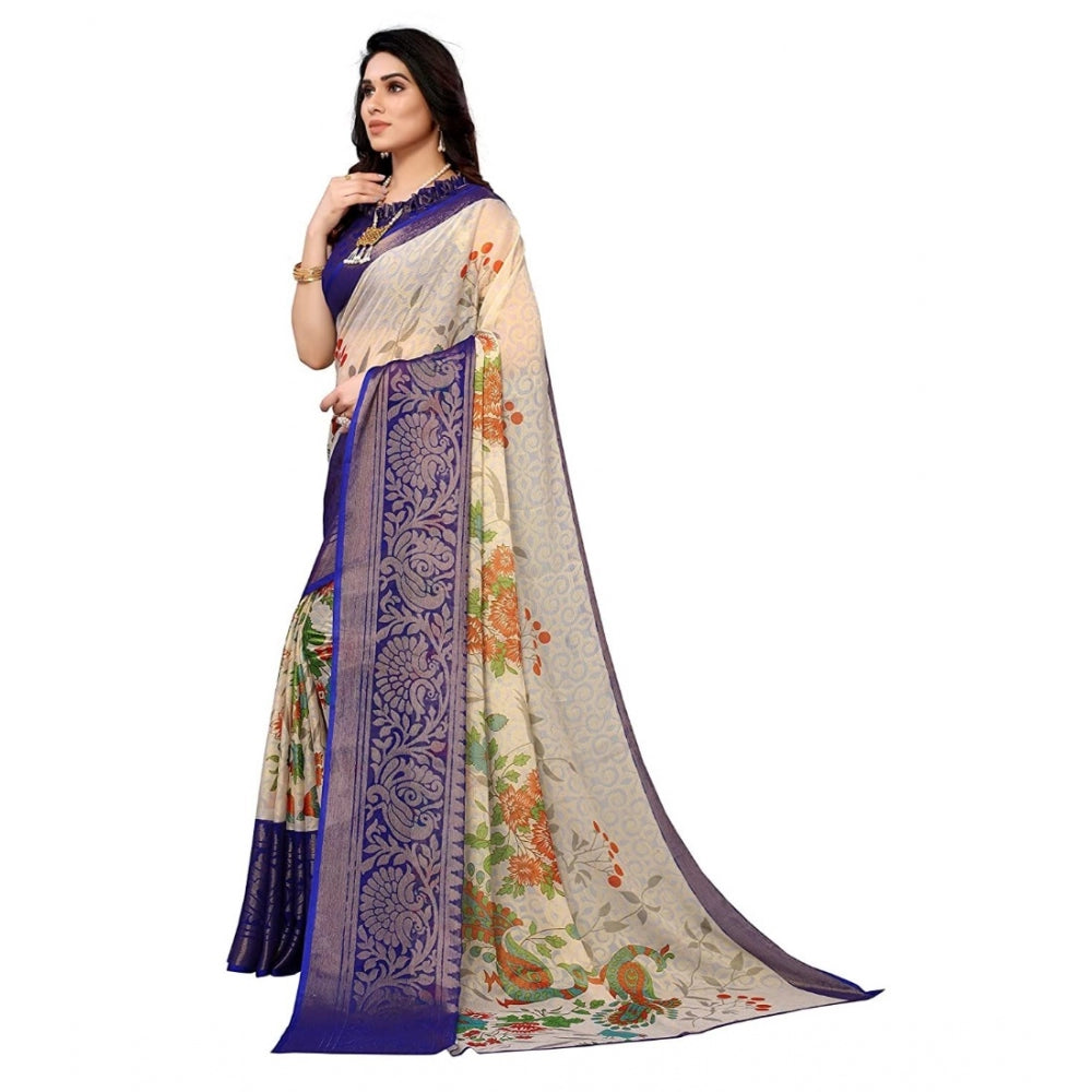 Clasymist Women's Viscose Rayon Printed Saree With Unstitched Blouse (Blue)