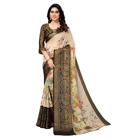 Clasymist Women's Viscose Rayon Printed Saree With Unstitched Blouse (Black)