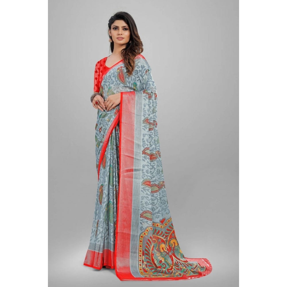 Clasymist Women's Viscose Rayon Printed Saree With Unstitched Blouse (Grey)