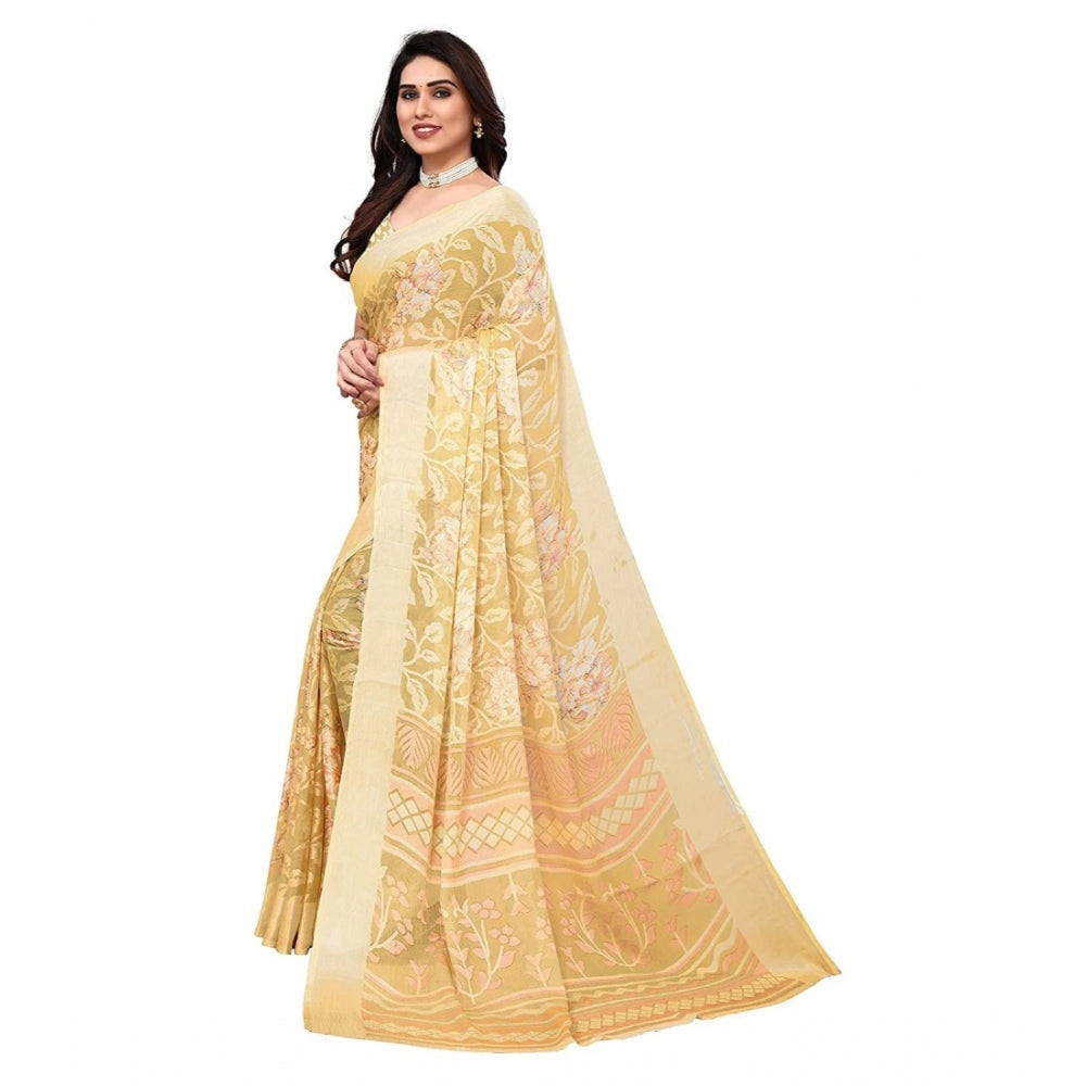 Clasymist Women's Viscose Rayon Printed Saree With Unstitched Blouse (Yellow)