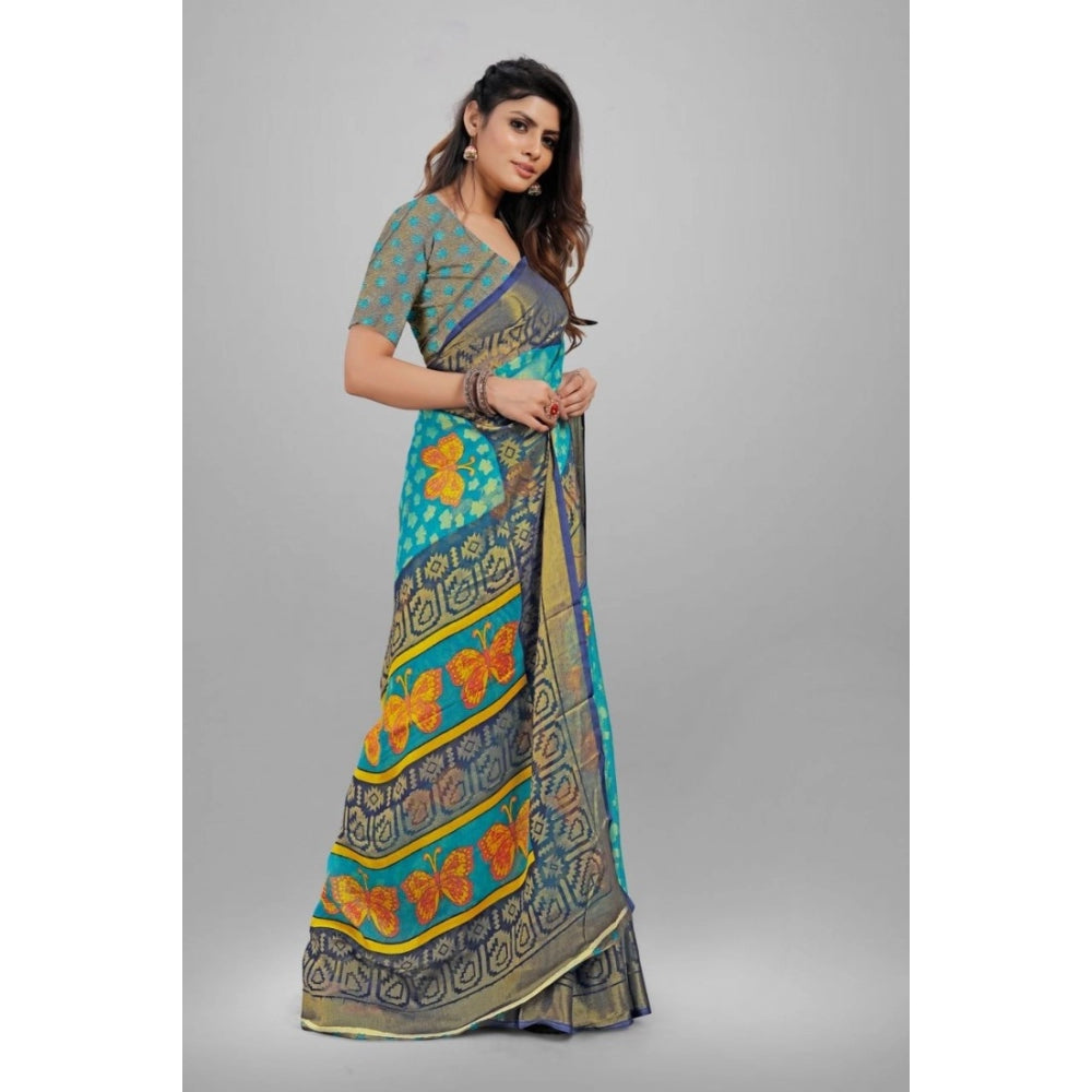 Clasymist Women's Viscose Rayon Printed Saree With Unstitched Blouse (Sky Blue)