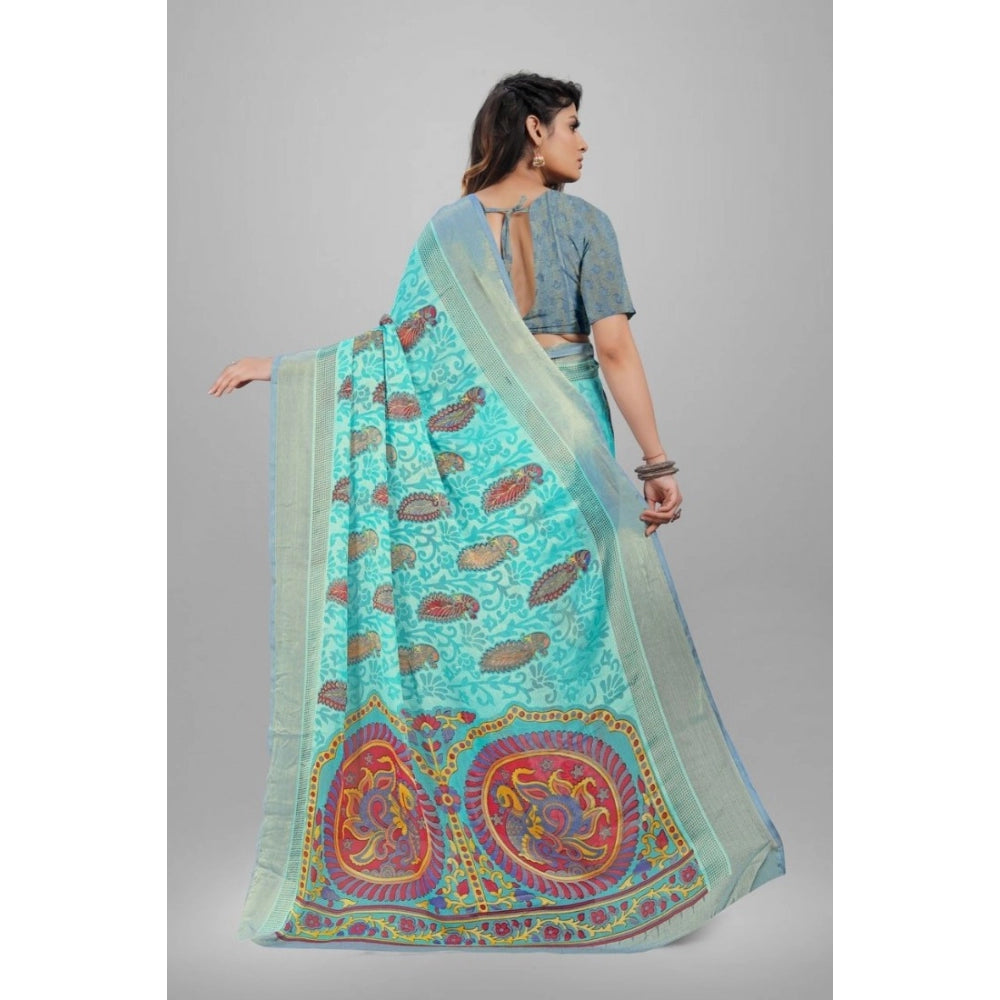 Clasymist Women's Viscose Rayon Printed Saree With Unstitched Blouse (Sky Blue)