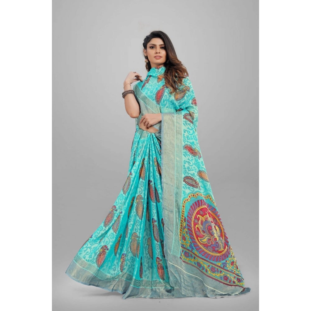 Clasymist Women's Viscose Rayon Printed Saree With Unstitched Blouse (Sky Blue)