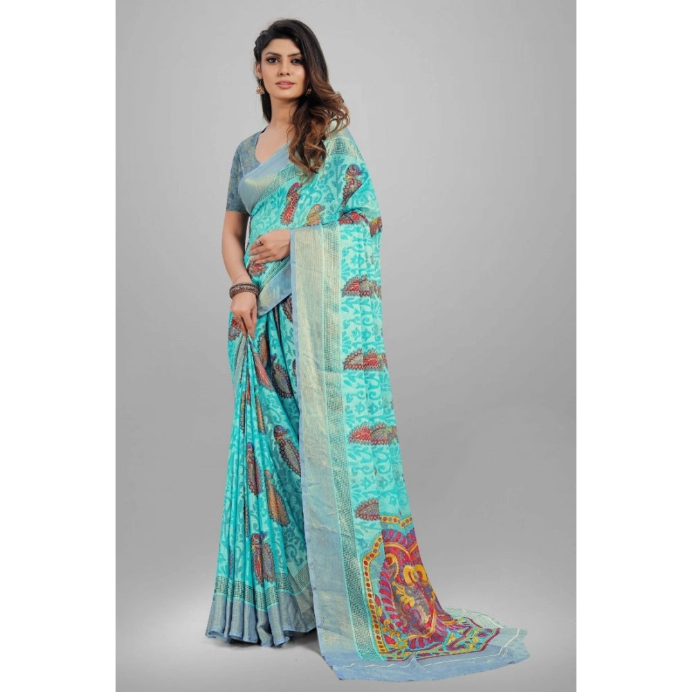 Clasymist Women's Viscose Rayon Printed Saree With Unstitched Blouse (Sky Blue)