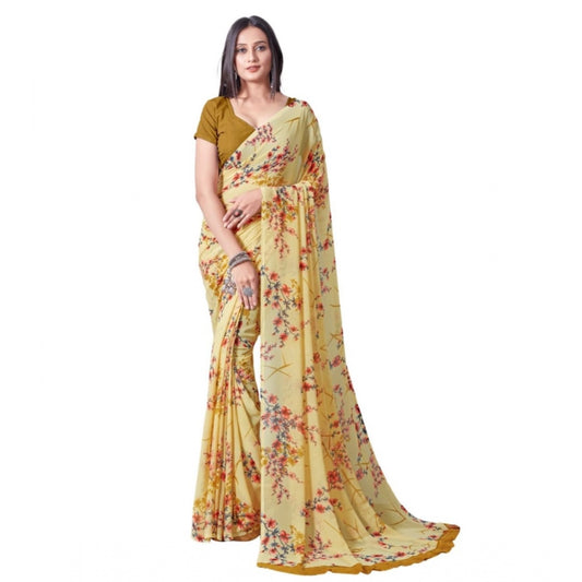 Clasymist Women's Georgette Printed Saree With Unstitched Blouse (Yellow)