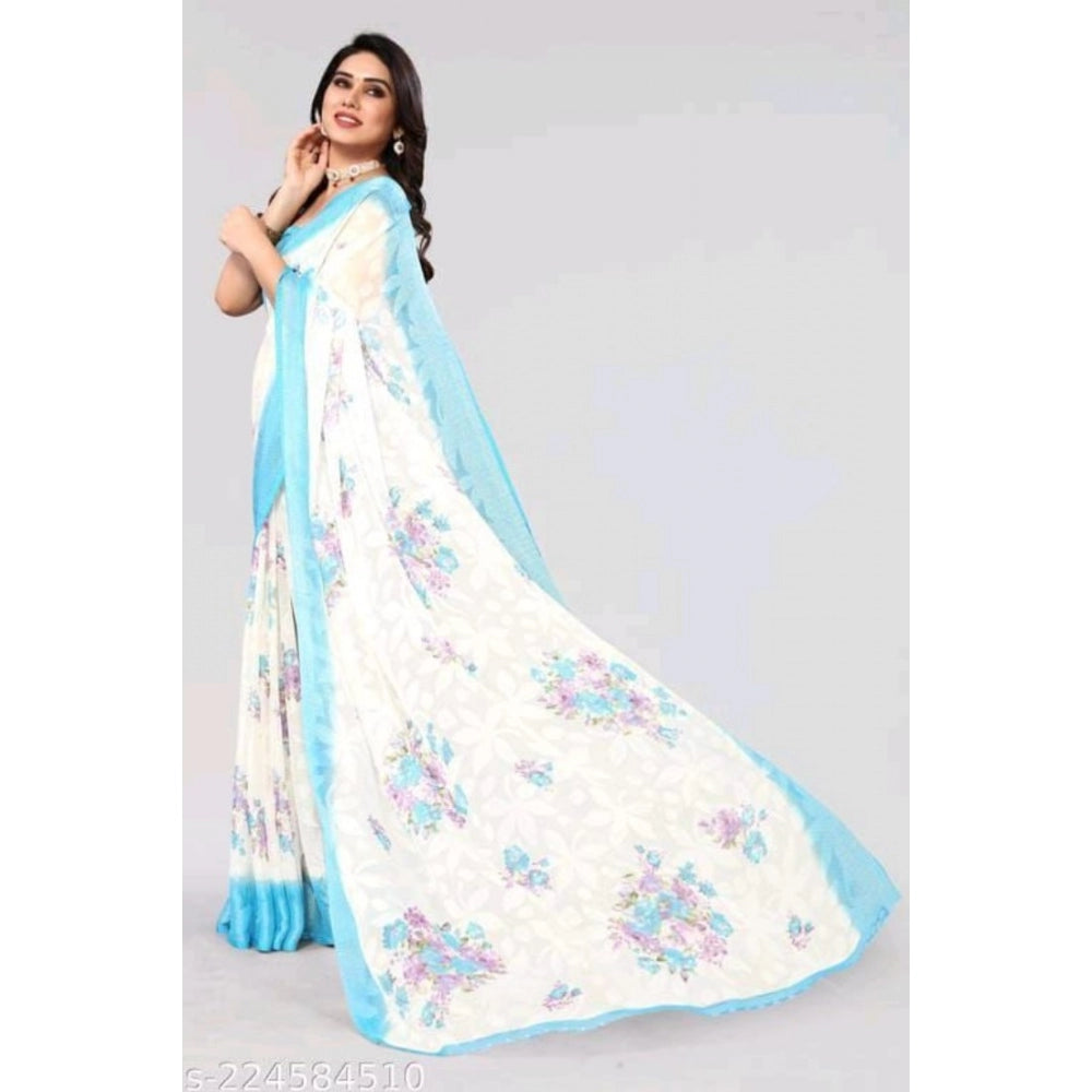 Clasymist Women's Viscose Rayon Printed Saree With Unstitched Blouse (Sky Blue)