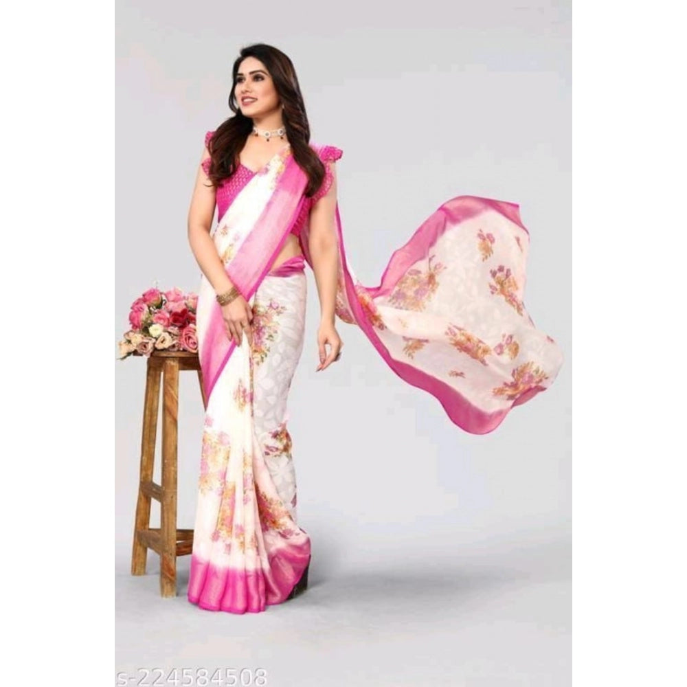 Clasymist Women's Viscose Rayon Printed Saree With Unstitched Blouse (Pink)