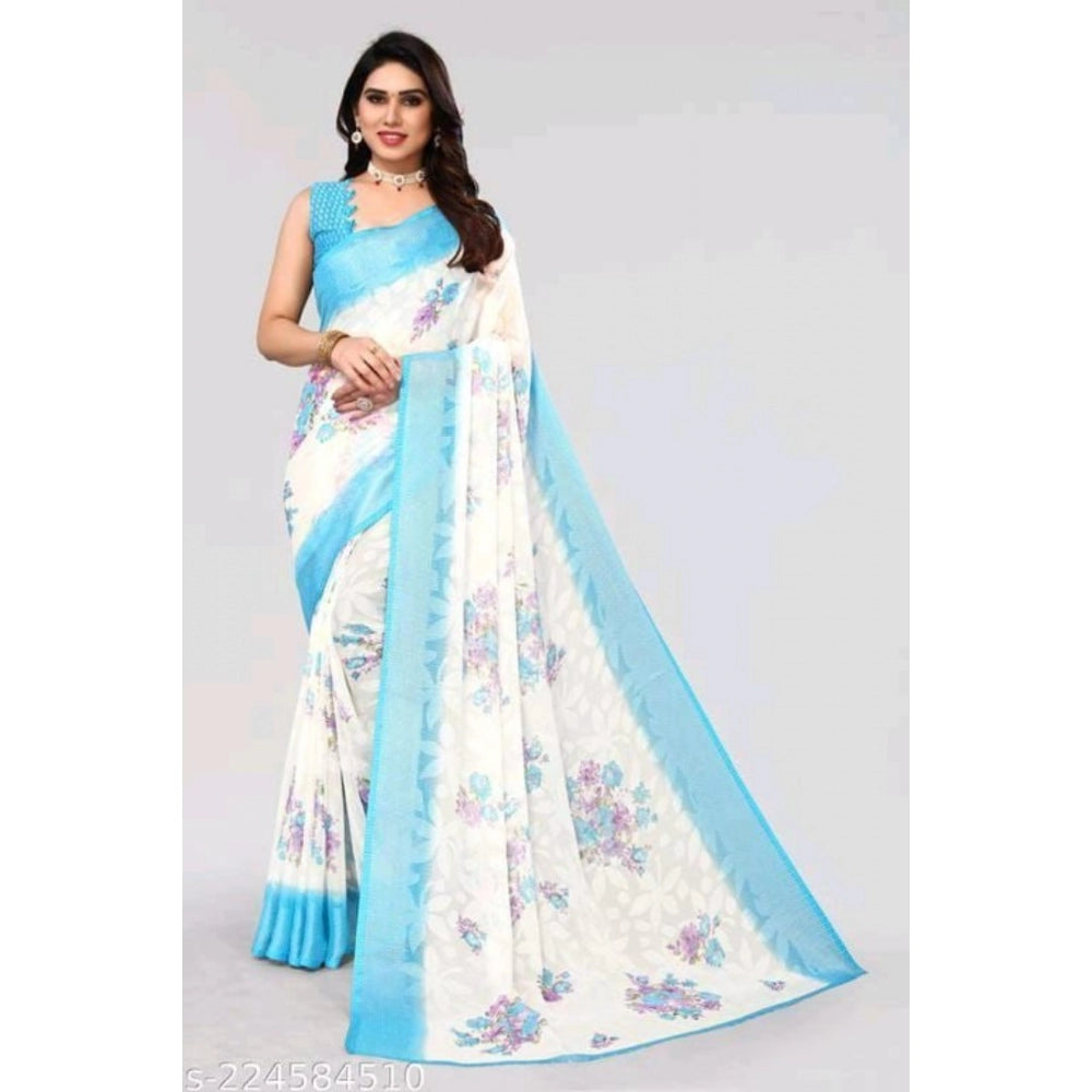 Clasymist Women's Viscose Rayon Printed Saree With Unstitched Blouse (Sky Blue)