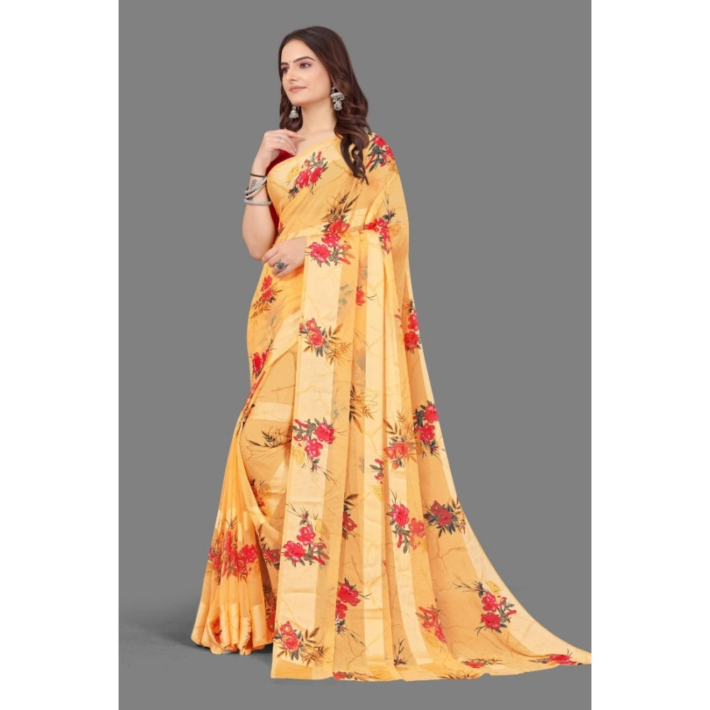 Clasymist Women's Satin Patta Printed Saree With Unstitched Blouse (Beige)