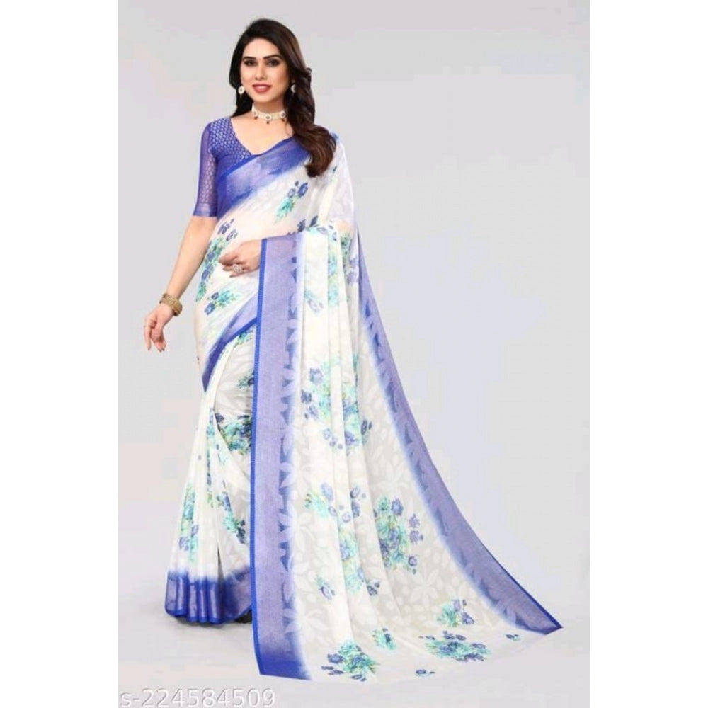 Clasymist Women's Viscose Rayon Printed Saree With Unstitched Blouse (Blue)