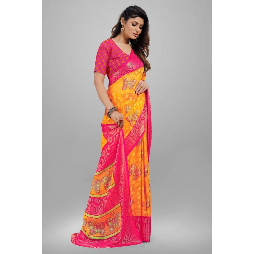 Clasymist Women's Viscose Rayon Printed Saree With Unstitched Blouse (Yellow)