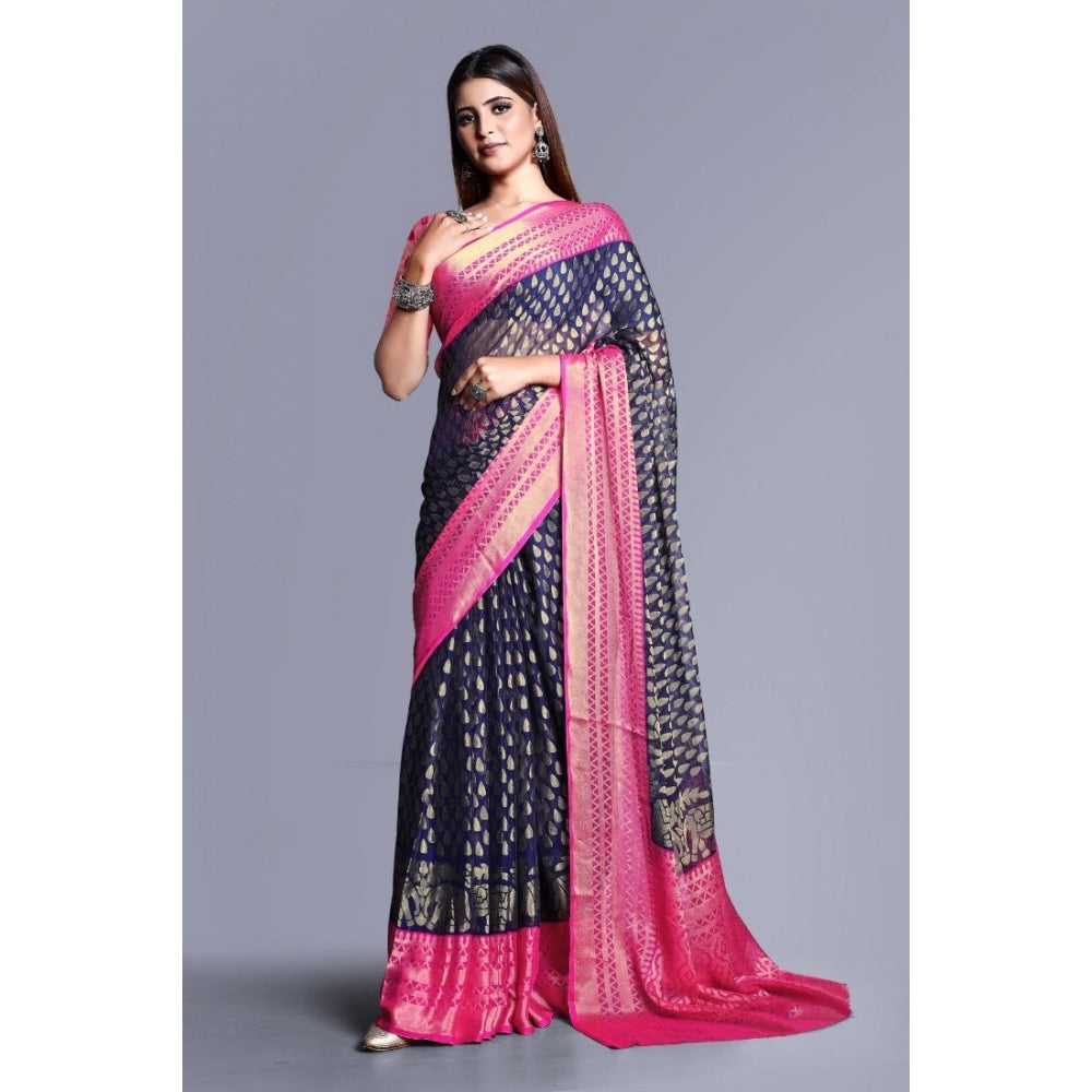 Clasymist Women's Viscose Rayon Printed Saree With Unstitched Blouse (Navy Blue)