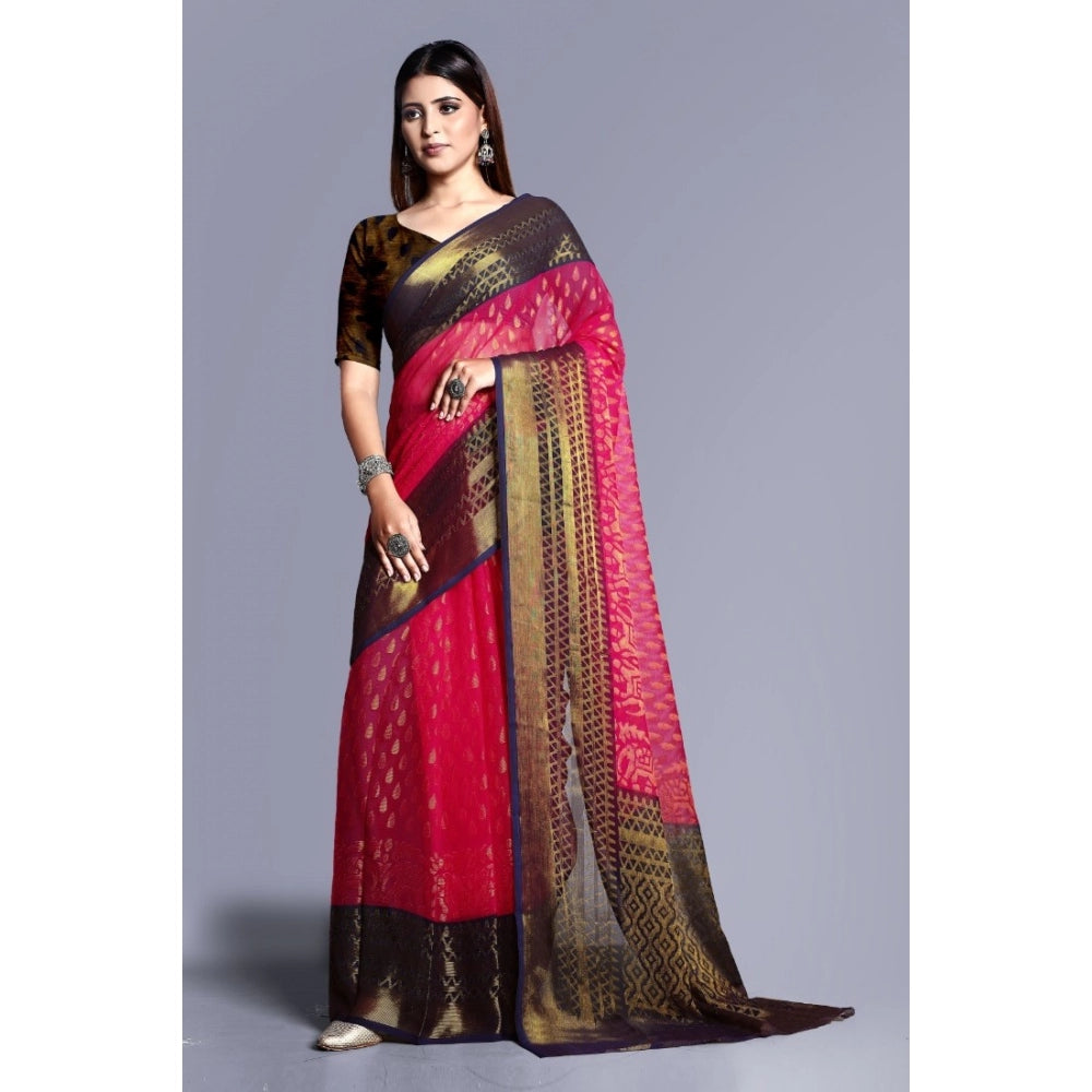 Clasymist Women's Viscose Rayon Printed Saree With Unstitched Blouse (Pink)