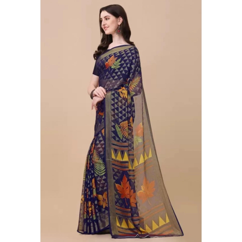 Clasymist Women's Viscose Rayon Printed Saree With Unstitched Blouse (Navy Blue)