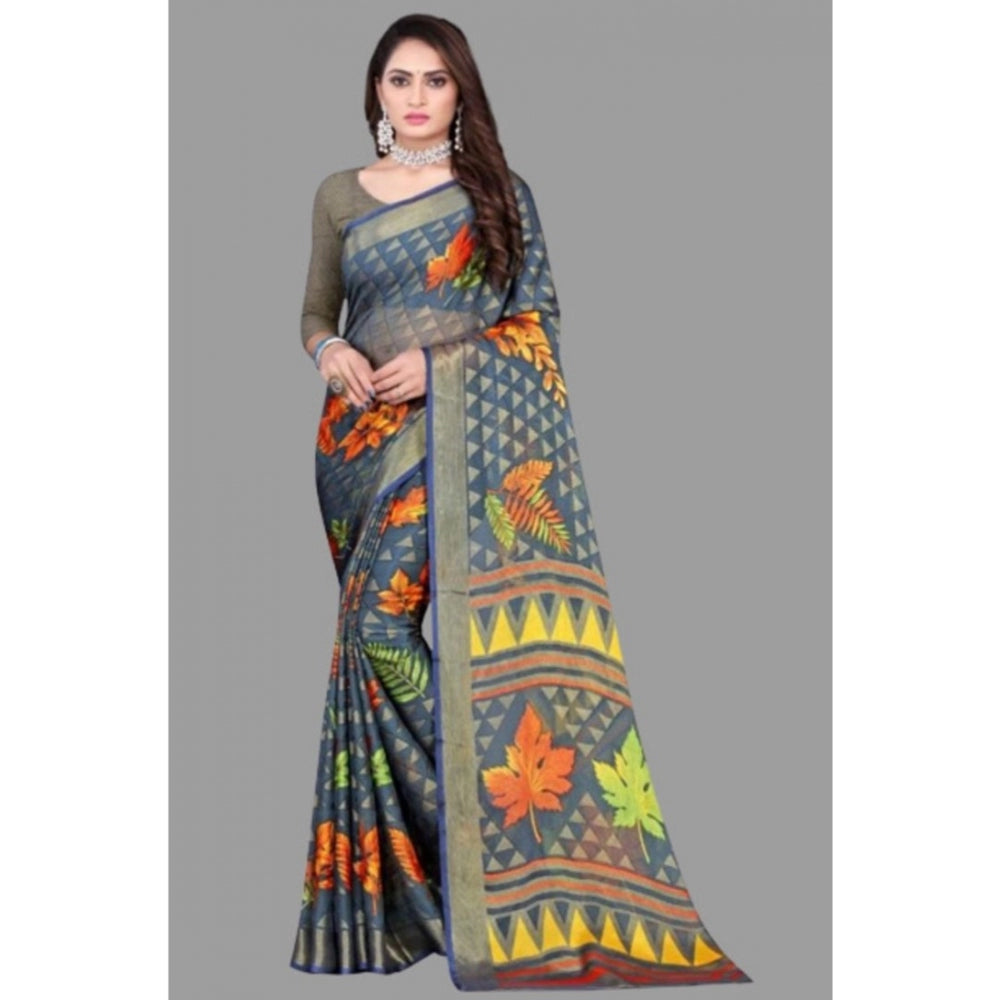 Clasymist Women's Viscose Rayon Printed Saree With Unstitched Blouse (Grey)