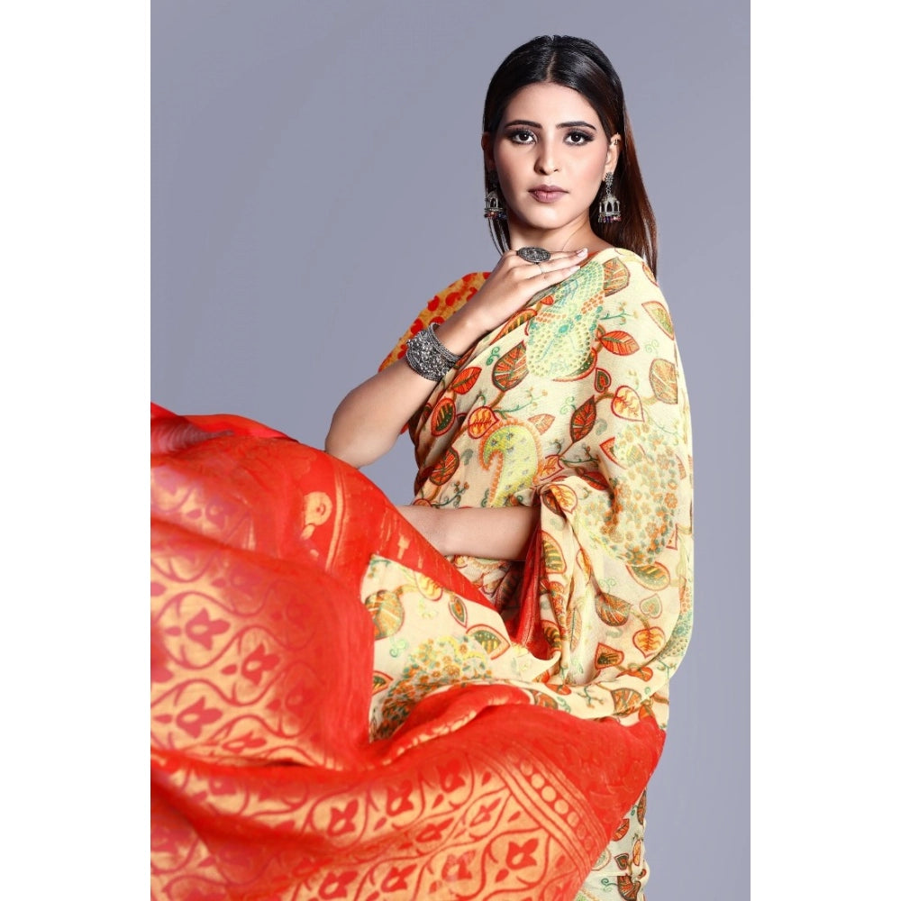 Clasymist Women's Viscose Rayon Printed Saree With Unstitched Blouse (Red)