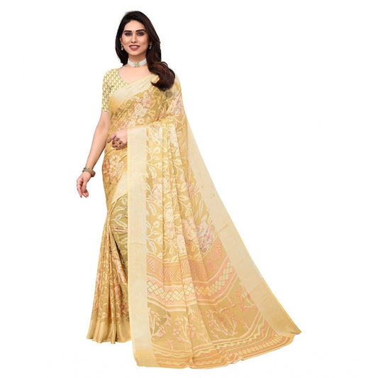 Clasymist Women's Viscose Rayon Printed Saree With Unstitched Blouse (Yellow)